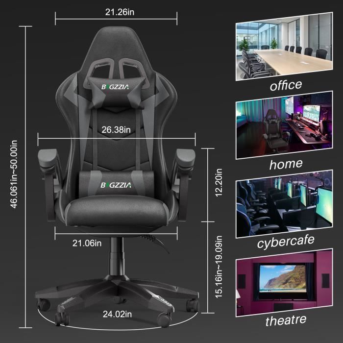 Gamingstoel - Rattantree Ergonomische Gamingstoel - Gamingstoel met hoofdsteun en lendensteun - Kantelbaar van 90° tot 155°