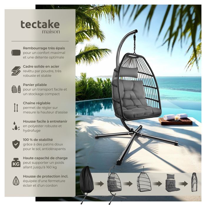 Hängeschaukel – TECTAKE – ARIANE Hängesessel, 160 kg, drehbar, 98 x 107 x 202 cm, Stahl und Polyester – Dunkelgrau