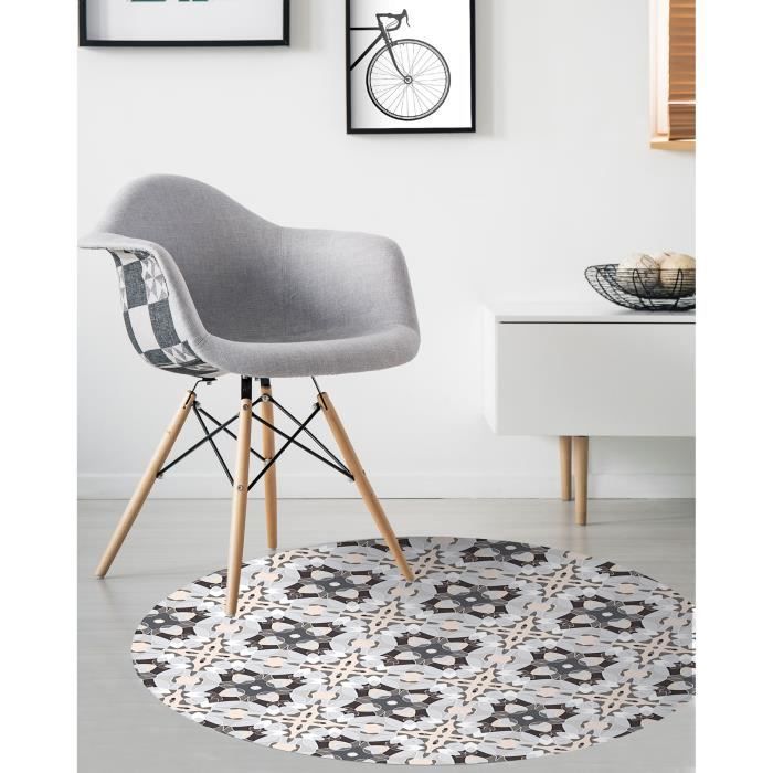 Tapis Vinyle Panorama Ronde Tuile Modèle Oriental Gris 150x150 cm - Tapis pour Cuisine, Bureau et Salon en PVC