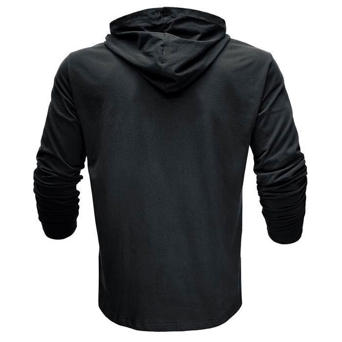 Camiseta de manga larga con capucha para hombre, estilo casual, color liso - Negro