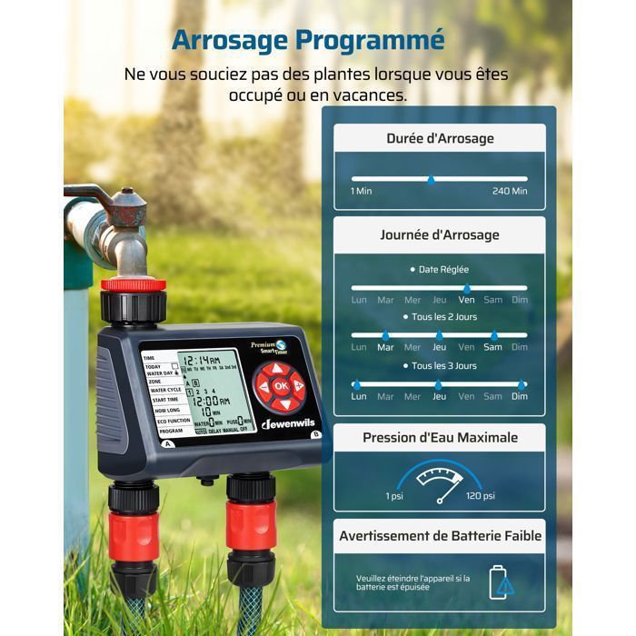DEWENWILS Programmateur d'arrosage extérieur 2 voies - 4 programmes par zone- minuteur d'arrosage automatique pour jardin - étanche