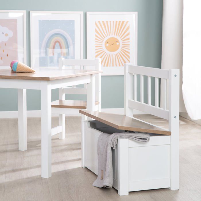 ROBA Banc Coffre à Jouets Woody pour Enfant - Meuble de Rangement en Bois 2 en 1 - Fermeture Douce - Blanc / Aspect Bois