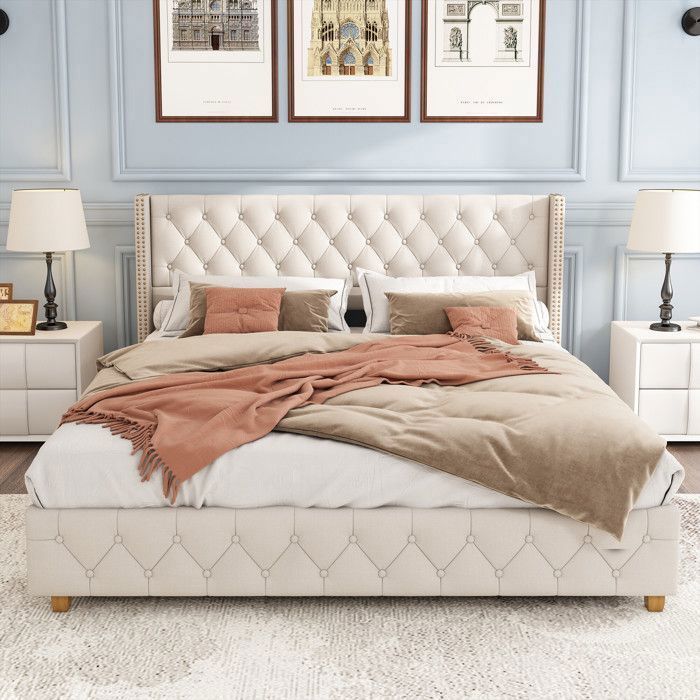 Cama doble para adultos - TKOPY - Cama tapizada de 140x190 cm, con somier de láminas, lino beige.