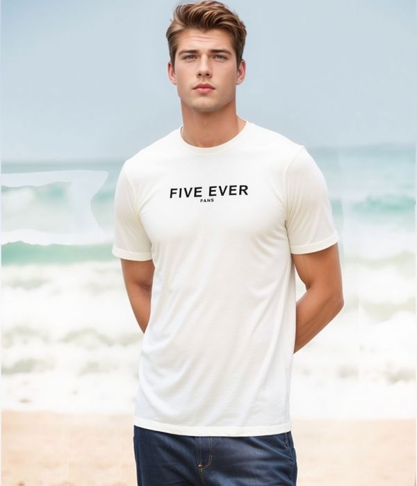 Men's T-Shirt - FIVE EVER - White - Short Sleeves - Crew Neck - Elegant Design