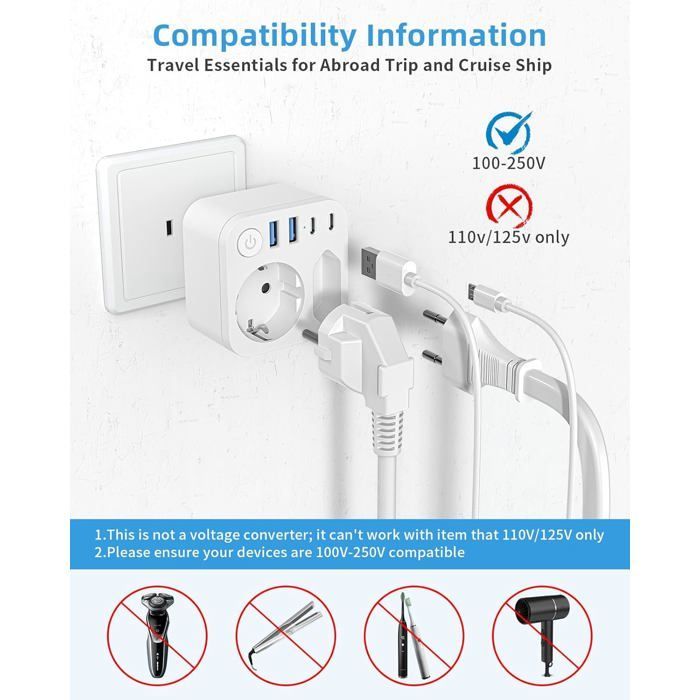 Adaptador de viaje de Francia a Japón con 4 puertos USB (2 USB-C), adaptador de viaje de doble salida, conector Schuko.