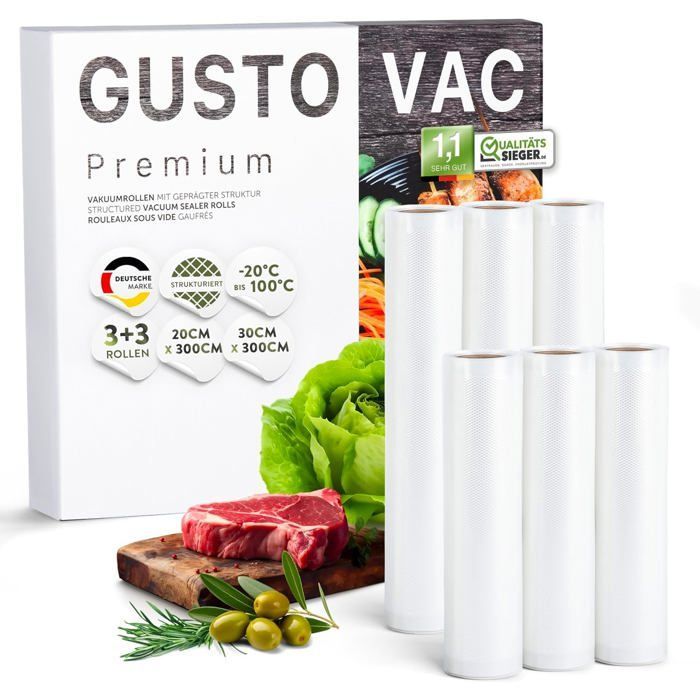 6 Rouleaux Sous-Vide GustoVac Gaufrés fabriqués en Europe 3x30x300cm Sac Sous Vide Alimentaire Texturés Rouleau Film pour Machine