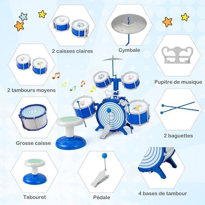 COSTWAY Children's Jazz Drum Set with Stool - 5 Detachable Drums, Cymbal, Drumsticks, Pedal - Educational Instrument Toy for 3 Year Olds