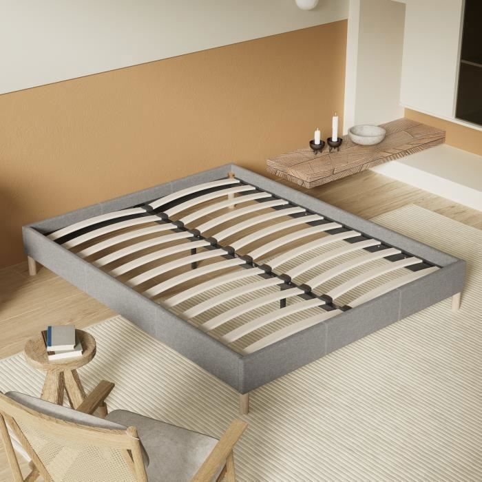 Cama com estrado de ripas 160 x 200 cm - Estofada em tecido cinza - Estável e robusta - Pés centrais reforçados