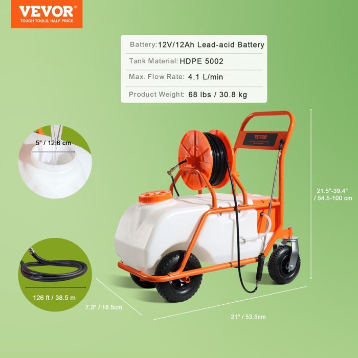 Pulverizador de césped con ruedas VEVOR - Presión ajustable de 0 a 90 PSI - Pulverizador con depósito de 60 L - Jardín, control de malezas