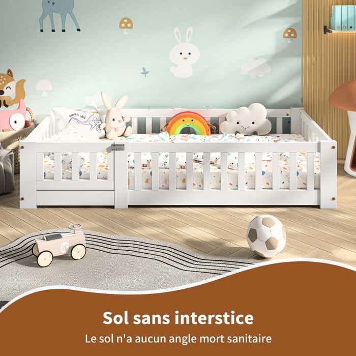 Cama baja de 90x190 cm, cama infantil Montessori con barandilla de seguridad y somier de láminas, madera maciza de pino, cama individual tipo litera, blanca.