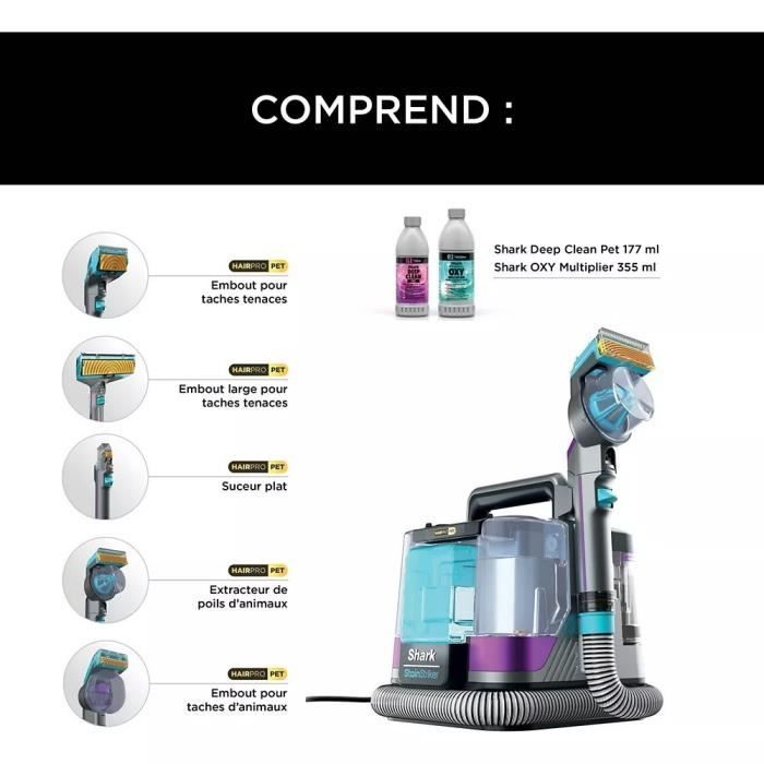 SHARK PX250EUT StainStriker HairPro Quitamanchas para Mascotas - Alfombras, moquetas, muebles, escaleras, coches - 450W - 1,2 L - 1,26 m