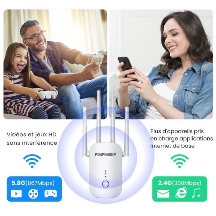 PIMPIMSKY Potente ripetitore WiFi da 1200 Mbps, amplificatore WiFi a 5,8 GHz e 2,4 GHz, booster di portata WiFi dual band, 1 porta