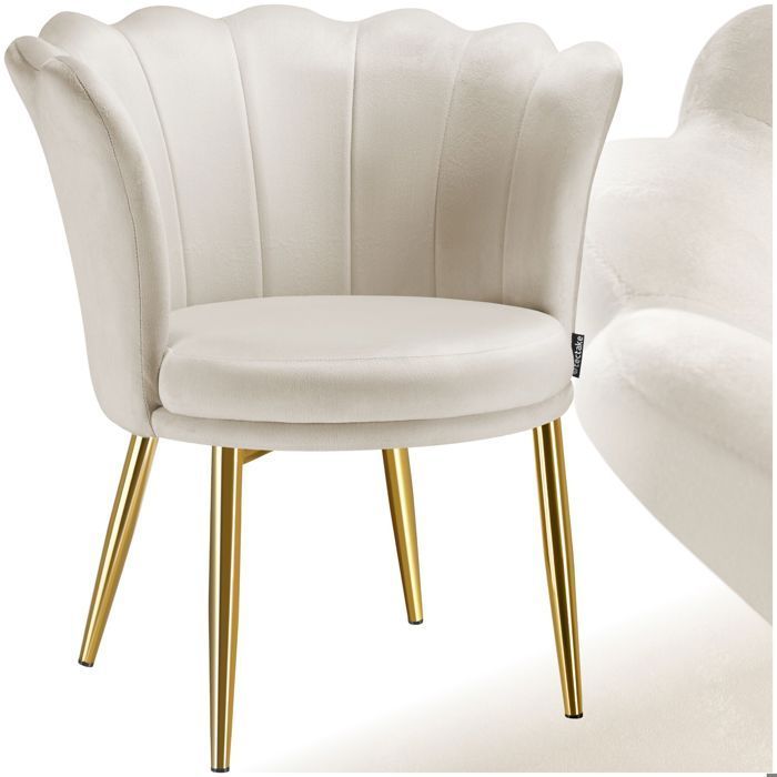 Stoel - TECTAKE - STELLA gestoffeerde bureaustoel met bloemvormige rugleuning en fluwelen bekleding, 67 x 64 x 76 cm - Crème/Goud