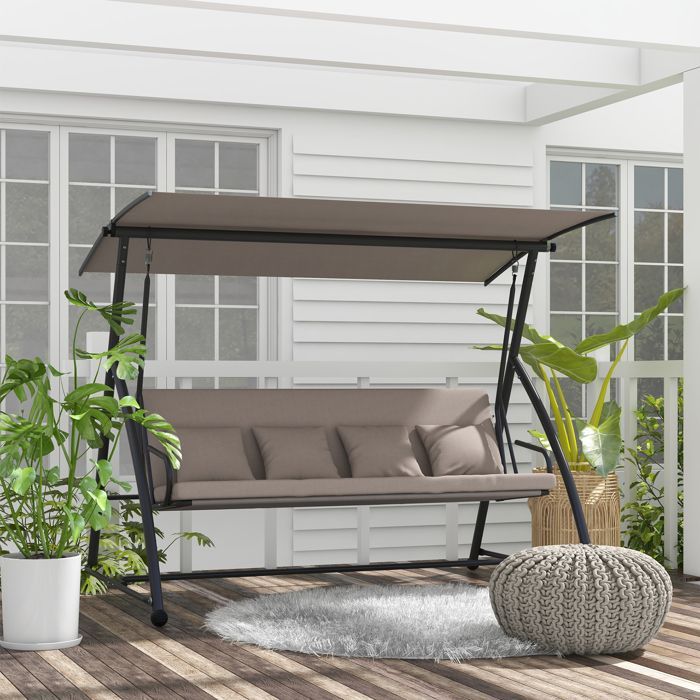 Balancelle de jardin - Outsunny - 3 places - convertible - toit inclinaison réglable, coussin - 218 x 120 x 168 cm - marron clair