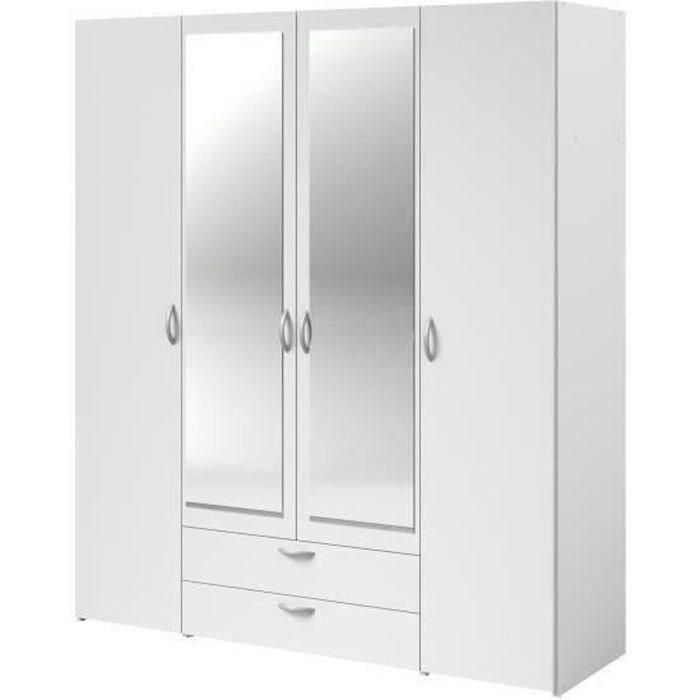 VARIA Wardrobe - White Finish - 4 Hinged Doors + 2 Mirrors + 2 Drawers - W 160 x H 185 x D 51 cm - PARISOT
