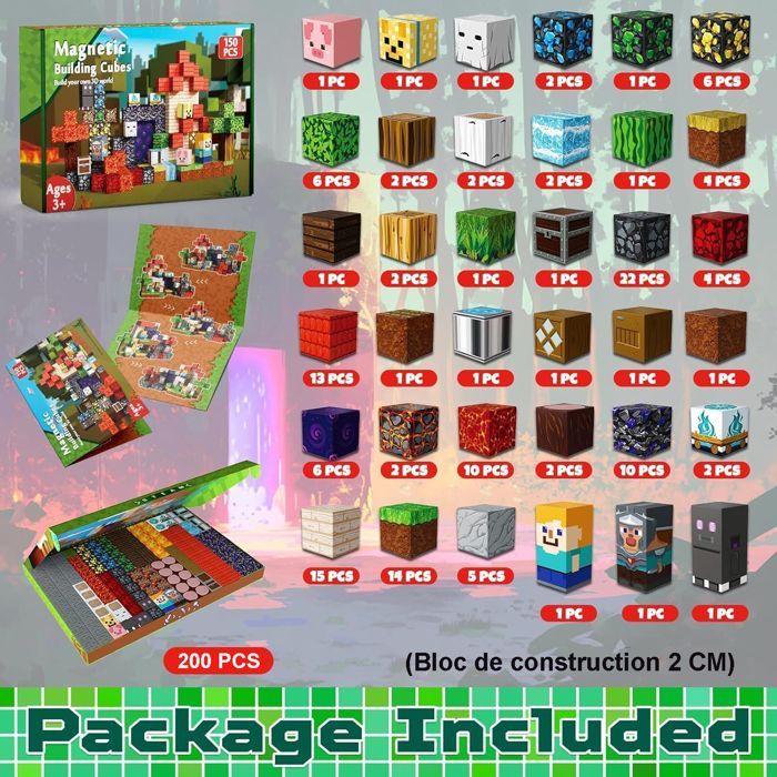 Magnetwürfel – Magnetbaustein – Magnetisches Konstruktionsset für Kinder – 200 Teile, 2 x 2 x 2 cm – Spielzeug für Kinder von 3 bis 6 Jahren