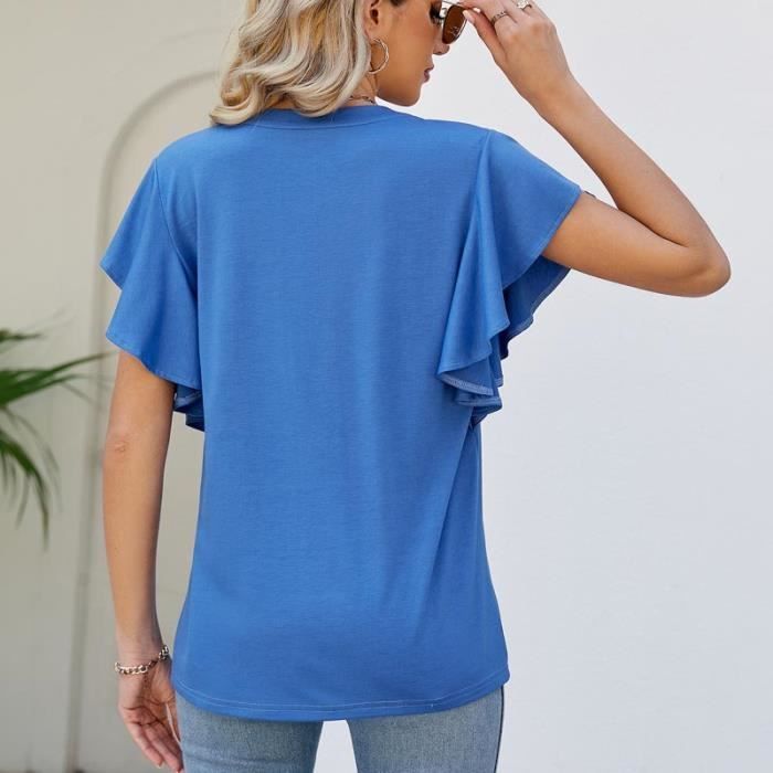 Camiseta informal de manga corta con cuello en V y mangas con volantes para mujer, color liso - Azul