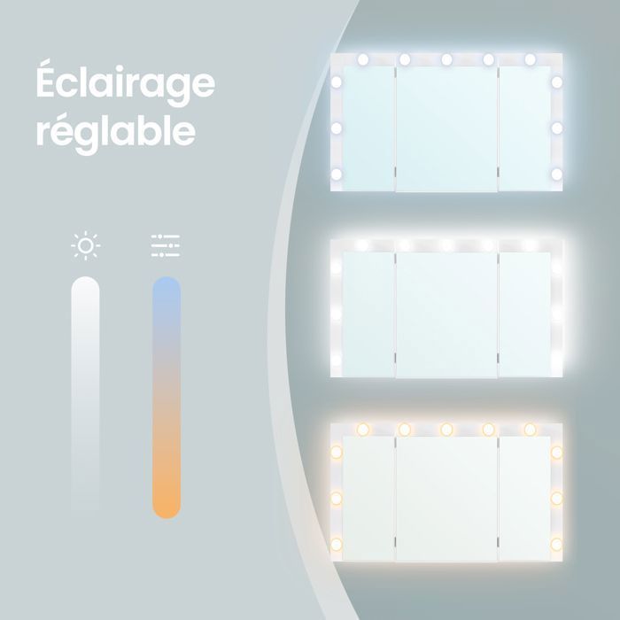 Coiffeuse avec 9 Tiroirs, Miroir Triple Pliable, Éclairage LED 3 Couleurs, Chambre, Multiprise Intégrée, Blanc