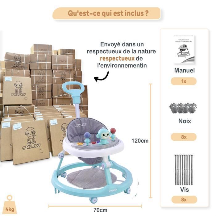 Twinky® Babywalker 3-en-1 | Bleu | Trotteur Bébé Évolutif & Luxe | Trottinette, Tapis Pieds & Poignée | Premiers Pas Ludiques