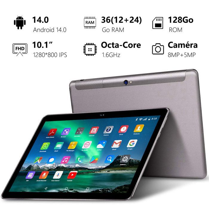 Tablet TOSCIDO da 10,1 pollici, 36 GB + 128 GB, Android 14, Octa-Core, 4G LTE/SIM/Wi-Fi, batteria da 8000 mAh, con tastiera, mouse e cuffie, grigio.