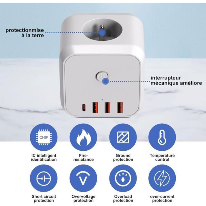 Kubusvormig wandstekkerblok, 7-in-1 USB-oplader met 3 stopcontacten, 4000W stekkerblok met schakelaar voor woonkamer en kantoor