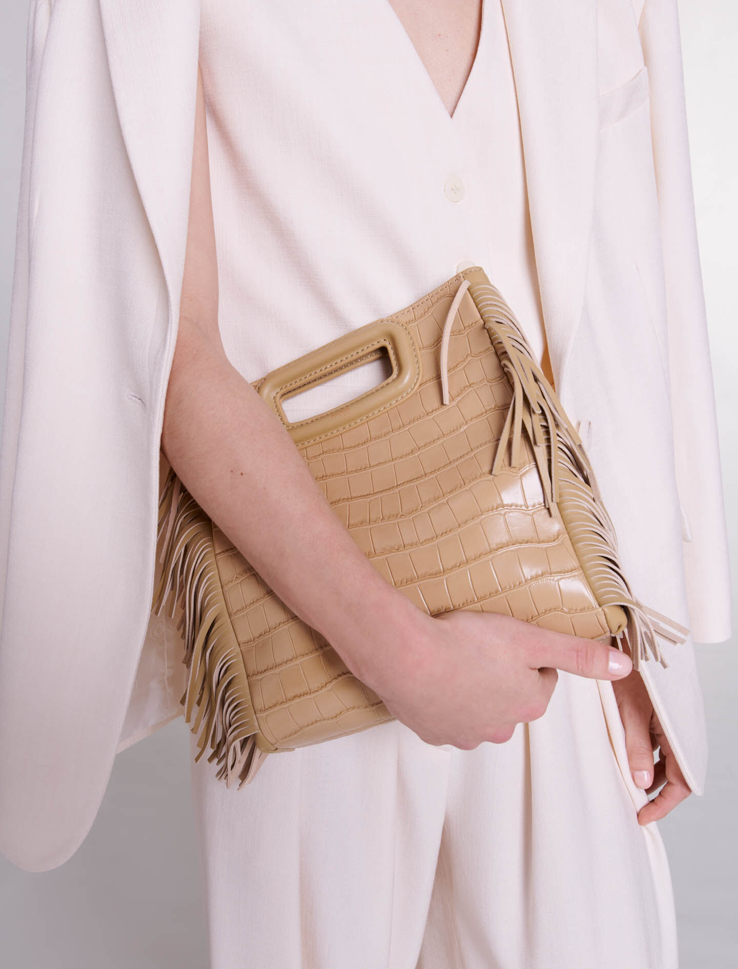 Handtas maat M van leer met krokodillenprint - Beige