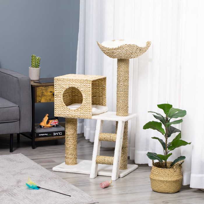 Tiragraffi per gatti - PawHut - tiragraffi alto 100,5 cm, con cuscini, scaletta, centro attività - tifa - legno