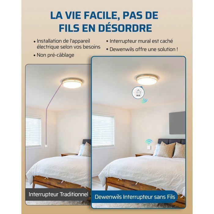 Kit de interruptores sem fio bidirecionais DEWENWILS - 1 receptor + 2 interruptores de parede - 230 V 10 A 2300 W máx. - Alcance de 30 m