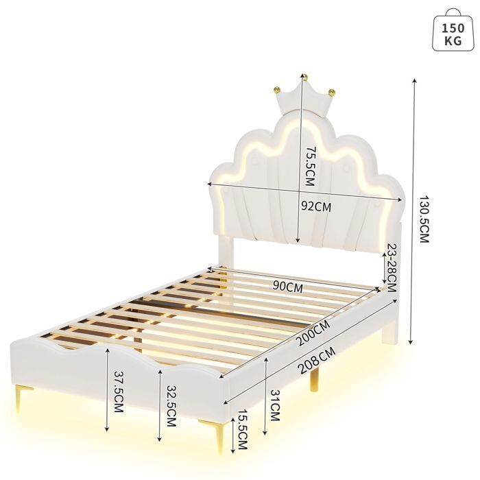 Cama infantil de 90x200 cm - IN THE CLOUDS - NMONET - LED - Cabecero en forma de corona - Blanco