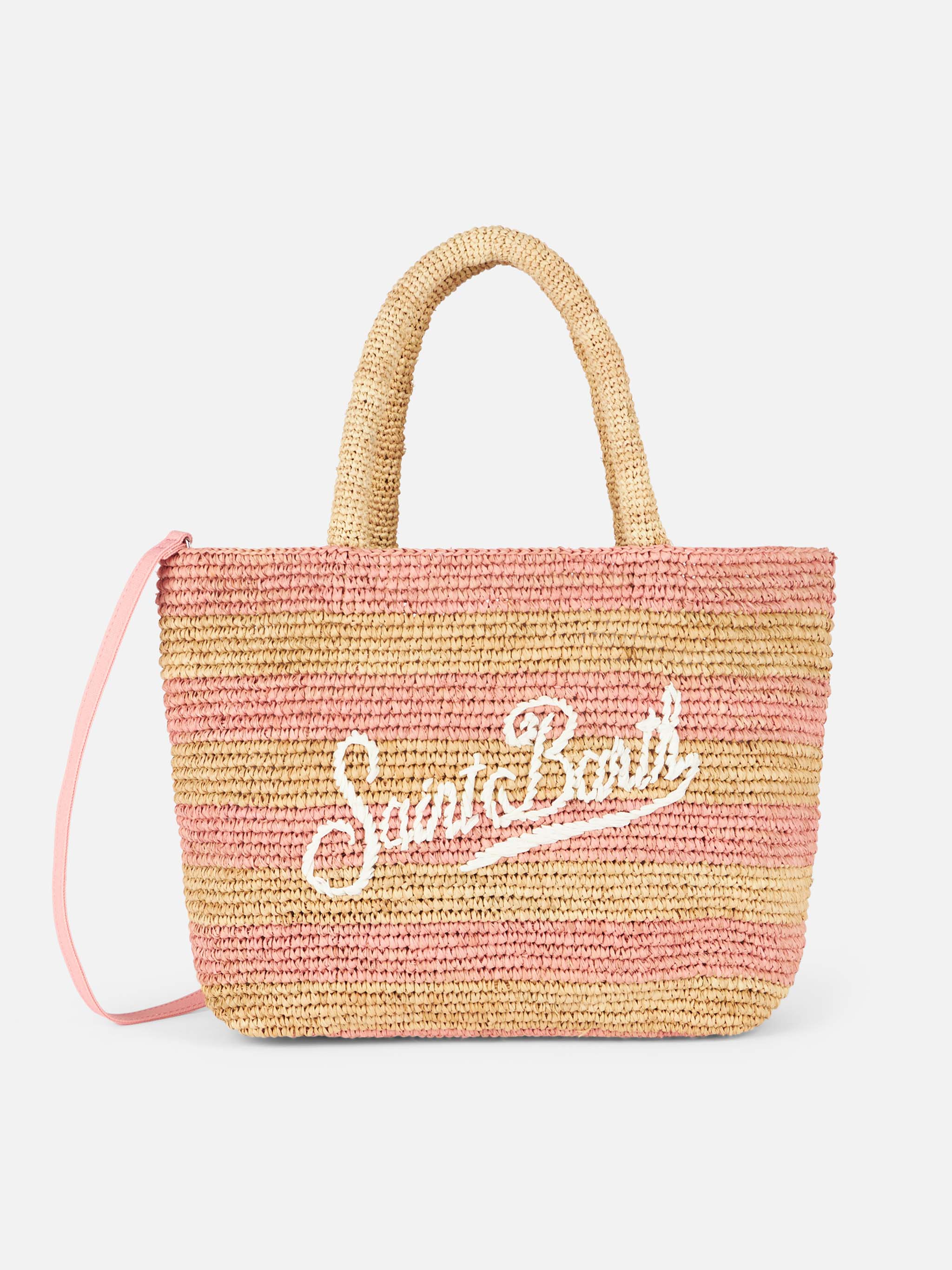 Roze gestreepte raffia midi strandtas met katoenen clutch