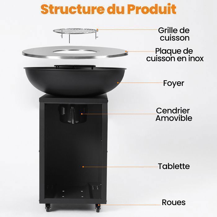KOTEZU Barbecue Charbon 67cm avec Plancha, Grille Centrale 28cm, Bac à Cendres Amovible, avec Roues, pour Jardin Terrasse