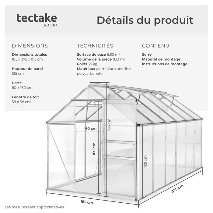 Serre de jardin - TECTAKE - Serre d'extérieur en polycarbonate surface 11,13 m³ porte coulissante 185 x 375 x 195 cm sans fondation