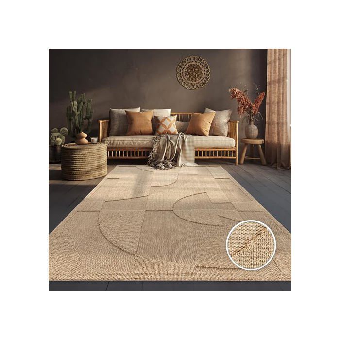 Alfombra de exterior resistente a la intemperie - Paco Home - 80x150 cm - Beige - Estampado geométrico - Altura del pelo: 7 mm