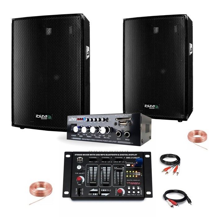 PACCHETTO IMPIANTO AUDIO DJ DA 600 W + AMPLIFICATORE BLUETOOTH USB + 2 DIFFUSORI DA 300 W + MIXER USB + VARI CAVI PA PER IMPIANTO AUDIO DJ, MIXAGGIO, FESTE, HOME BAR