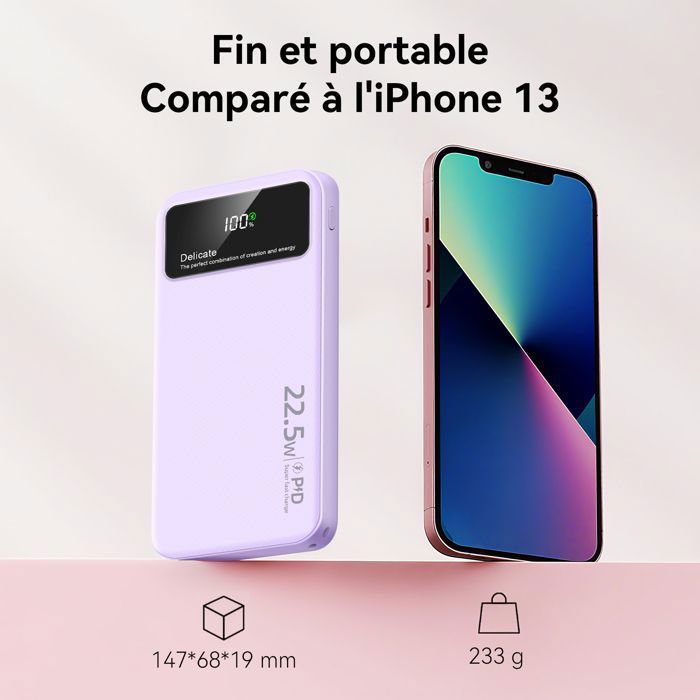 Paarse 20000mAh externe batterij - Slanke powerbank - 4 geïntegreerde kabels, 6 uitgangen, 3 ingangen - LED-display - Compact