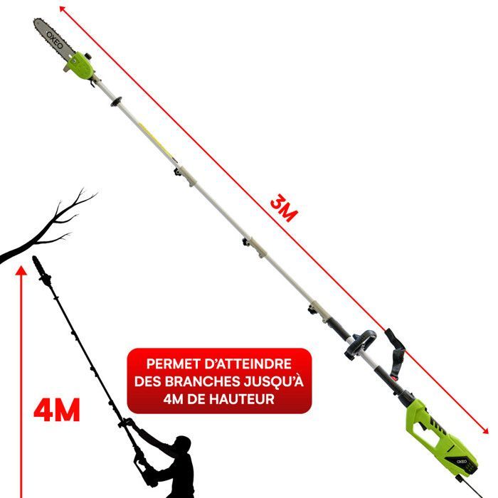Elagueuse sur perche électrique 900W - 2 rallonges de 50cm - Embout élagueuse - Longueur total 3,04m - Longueur de coupe 18cm