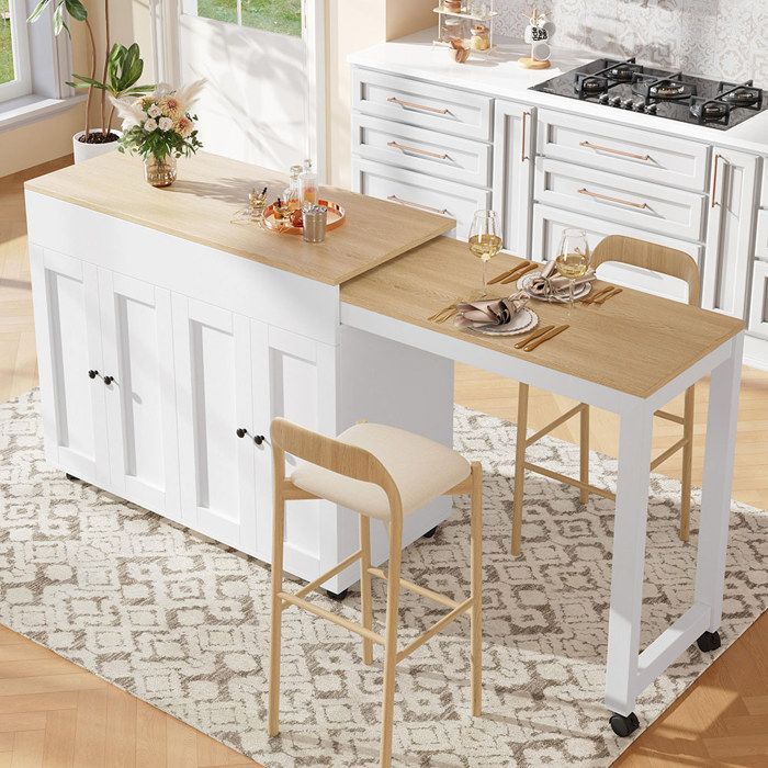 Isla de cocina moderna, carrito de cocina, mesa de bar extensible con 6 superficies de almacenamiento, blanca (118-180×50×94cm)