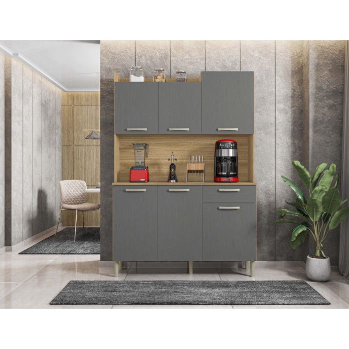 Buffet de Cuisine - GENOVA - Imitation Chêne et Gris - 6 Portes - 1 Tiroir - L 121.5 x H 176 cm