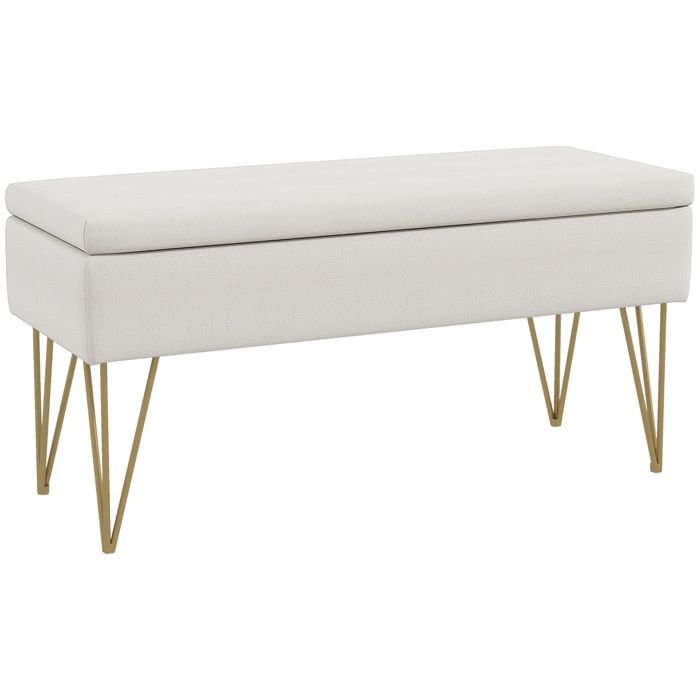 Panca da letto - HOMCOM - Panca contenitore 2 in 1 con gambe a forcina in acciaio dorato - lino - 100x40x49cm - crema