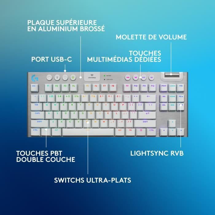 Gamingtoetsenbord - Draadloos - Logitech G - G915 TKL X - AZERTY - Tactiele schakelaars - Wit