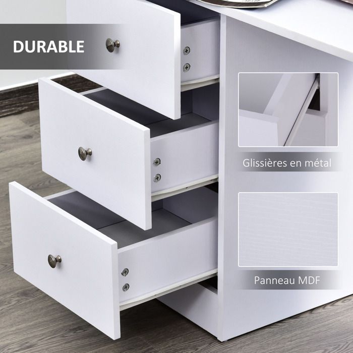 Escritorio para ordenador - HOMCOM - mueble multimedia multifuncional con 3 cajones y 2 estantes - madera - 120x49x72cm - blanco