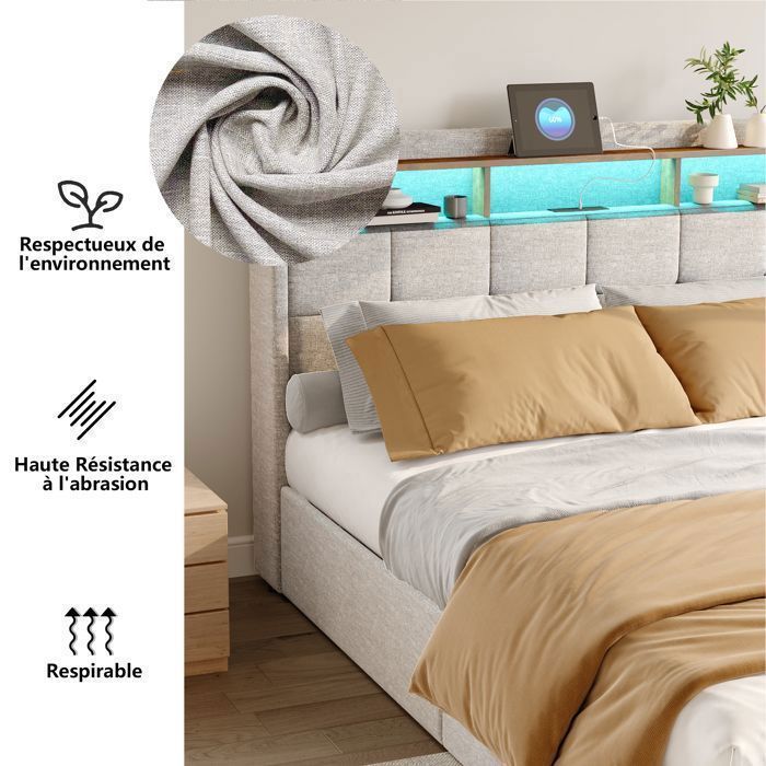 Bedframe - SUNFECILI - 140x190 cm - 4 lades - USB - LED - Linnen stof