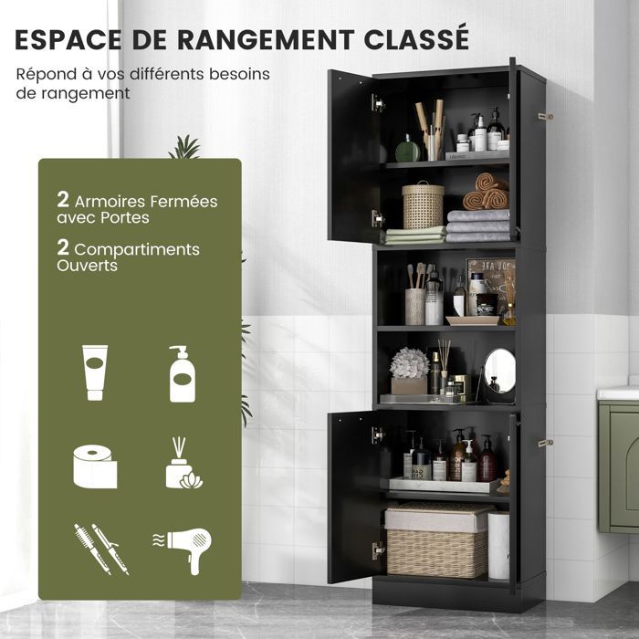 GIANTEX Buffet de Cuisine H190 cm à 6 Etages- 2 Placards avec 4 Portes+2 Compartiments- Meuble Rangement pour Salle de Bain- Noir