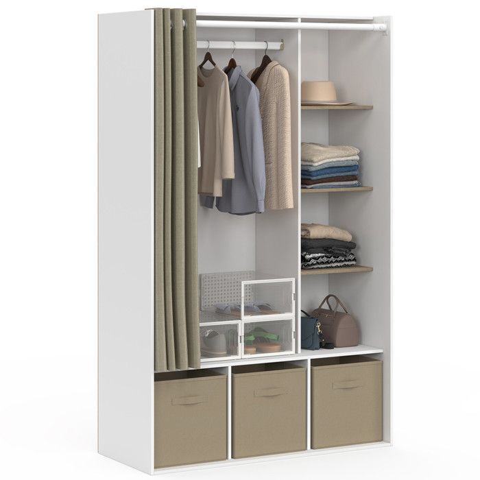 IDMARKET DIANE kledingkast 105 x 45 x 167 cm wit met planken + opbergdozen + taupekleurig gordijn