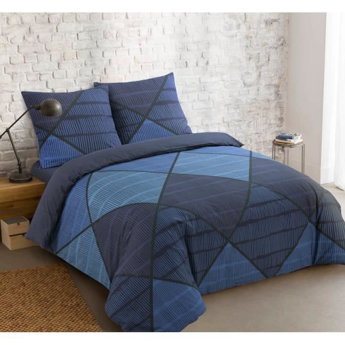 VISION - Parure de lit HAROLD - 100% coton - 1 housse de couette 140x200cm + 1 taie d'oreiller 65x65cm - Bleu