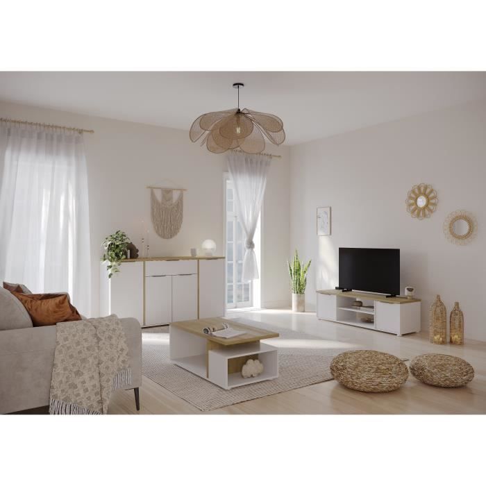 Conjunto de salón ACCESS: Mesa de centro + mueble para TV + aparador de 4 puertas - Acabado en roble Hamilton y blanco