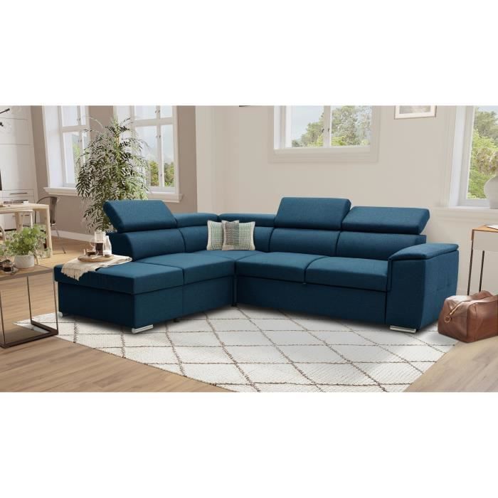 Sofá-cama de canto reversível com arrumação - 5 lugares - DAYTONA - Tecido azul - 260 x 94 x 216 cm