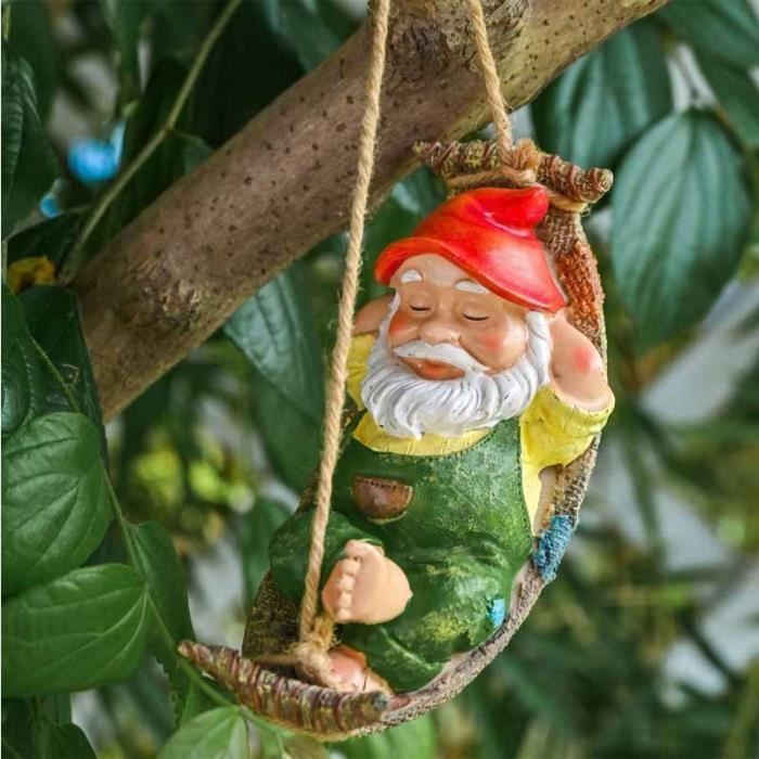 Statue de Jardin Extérieur, Nain Couché avec Un Hamac Statue, GNOME Ornement de Jardin Accrochant de Résine Imperméable