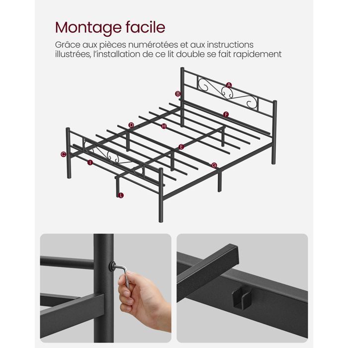 Estructura de cama VASAGLE de 160 x 200 con base de láminas metálicas, cama doble, metal, fácil montaje, para habitación de invitados, habitación juvenil, color negro.
