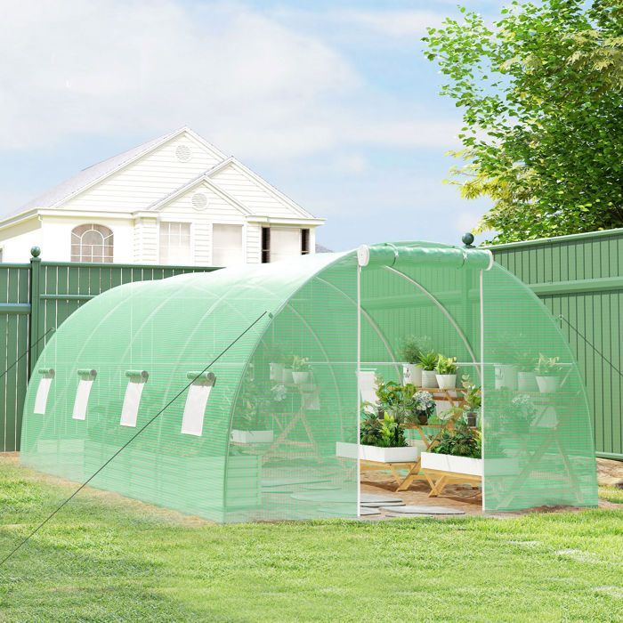 Invernadero tipo túnel Outsunny - 18 m², 8 ventanas, puerta con cremallera, estructura de acero galvanizado, cubierta de PE - 6x3x2 m - verde